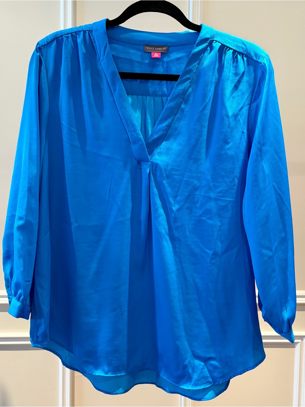 Vibrant Blue Vince Camuto V-Neck Long Sleeve Blouse with Pleated Front Detail